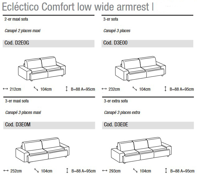 Dimensiones del Sofá Eclectico Comfort Ditre Italia para 2 y 3 Asientos Lineales